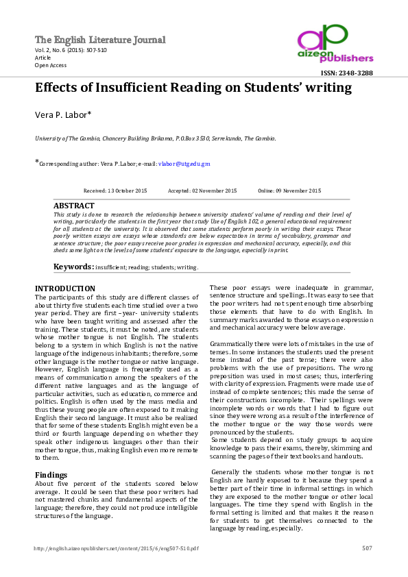 (PDF) Effects of Insufficient Reading on Students' writing