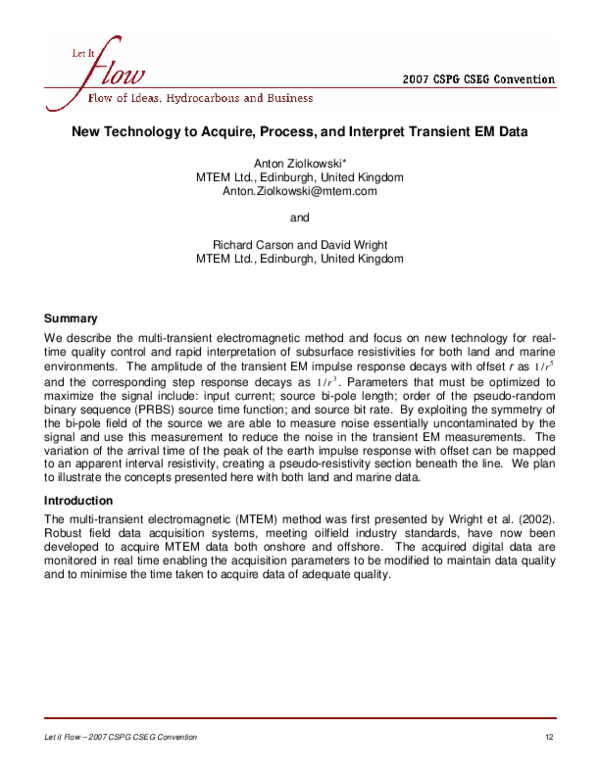 (PDF) New Technology to Acquire, Process, and Interpret Transient EM Data