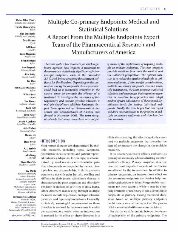(PDF) Multiple Co-primary Endpoints: Medical and Statistical Solutions ...