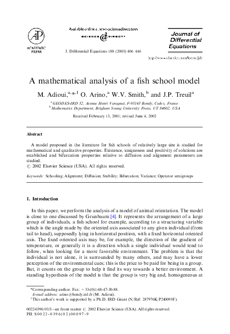 (PDF) A mathematical analysis of a fish school model