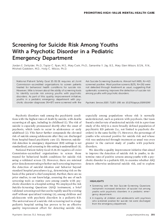 (PDF) Screening for Suicide Risk Among Youths With a Psychotic Disorder ...