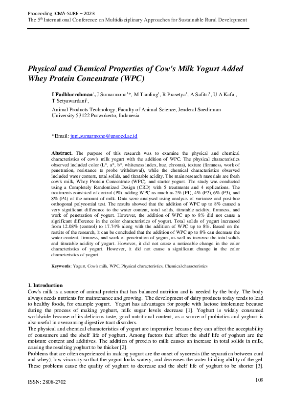 (PDF) Physical and Chemical Properties of Cow's Milk Yogurt Added Whey ...