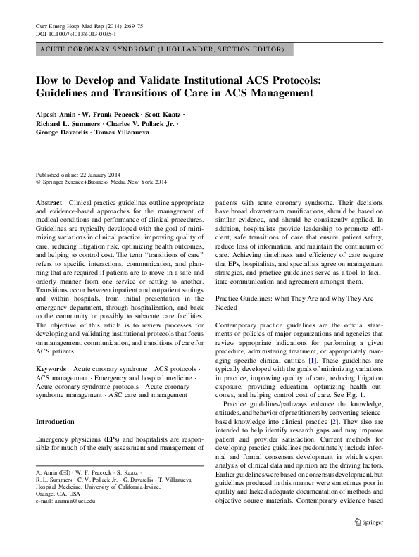 (PDF) How to Develop and Validate Institutional ACS Protocols ...