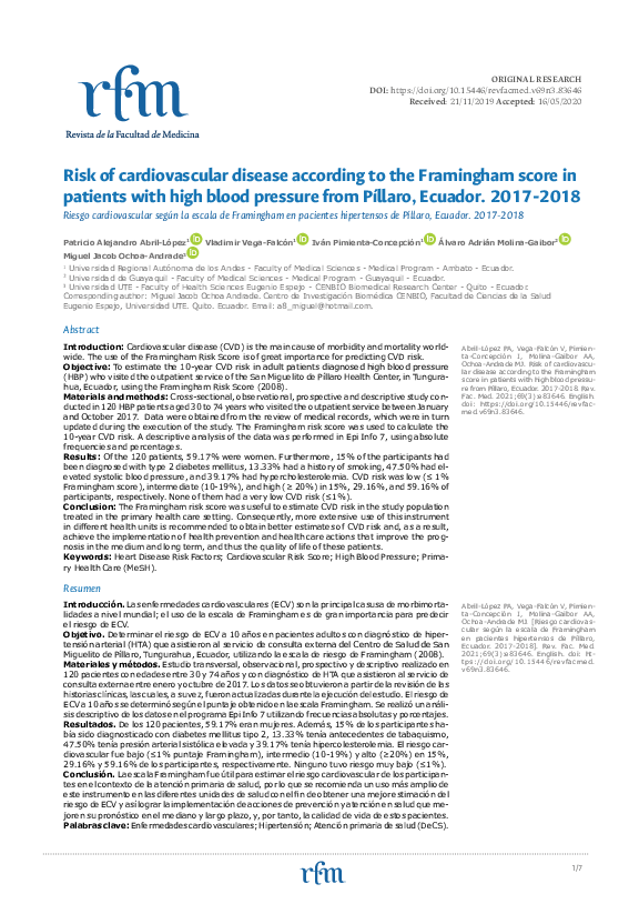 (PDF) Risk of cardiovascular disease according to the Framingham score ...
