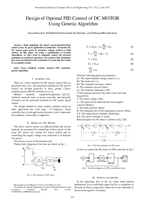 (PDF) Design of Optimal PID Control of DC MOTOR Using Genetic Algorithm
