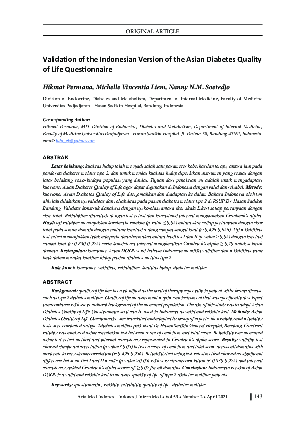 (PDF) Validation of the Indonesian Version of the Asian Diabetes ...