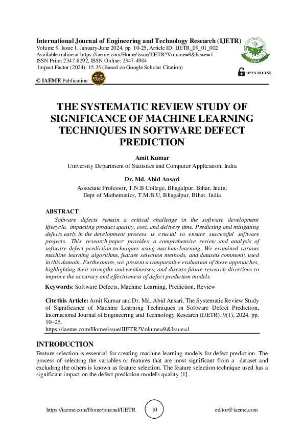 (PDF) THE SYSTEMATIC REVIEW STUDY OF SIGNIFICANCE OF MACHINE LEARNING ...