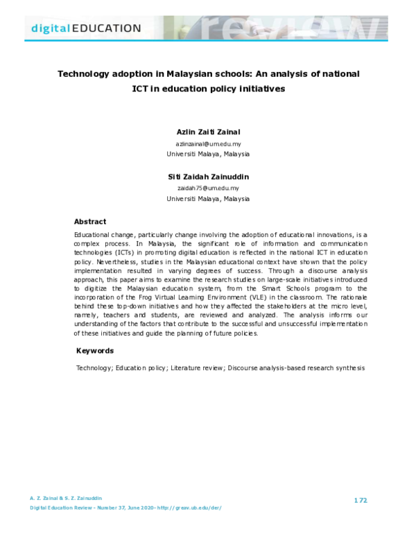 (PDF) Technology adoption in Malaysian schools: An analysis of national ...