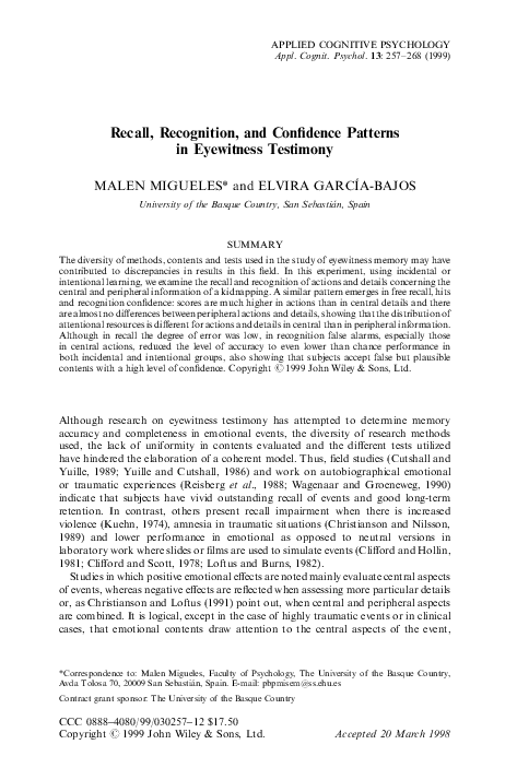 (PDF) Recall, recognition, and confidence patterns in eyewitness testimony