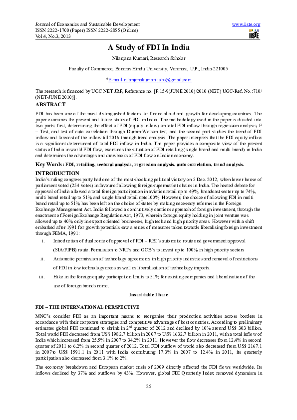 (PDF) A Study of FDI In India