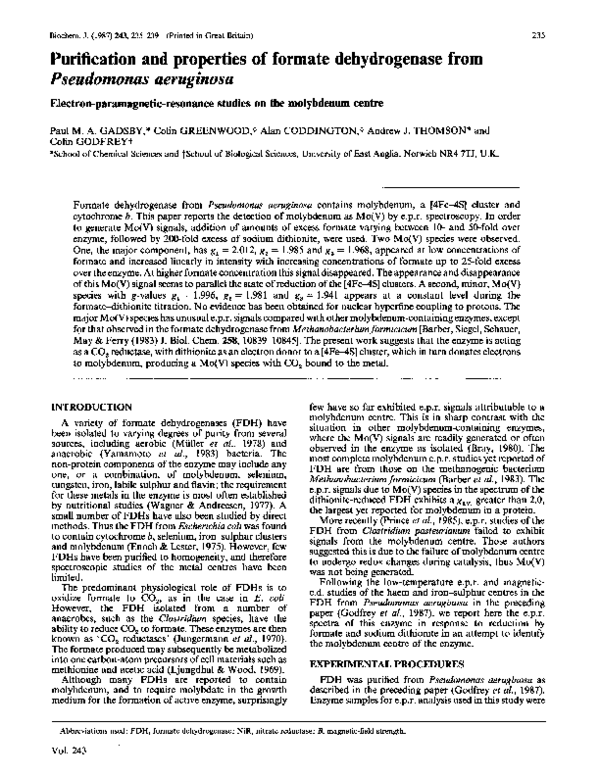 (PDF) Purification and properties of the formate dehydrogenase and ...