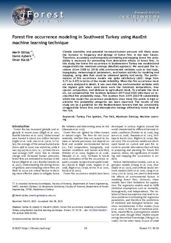 (PDF) Forest fire occurrence modeling in Southwest Turkey using MaxEnt ...