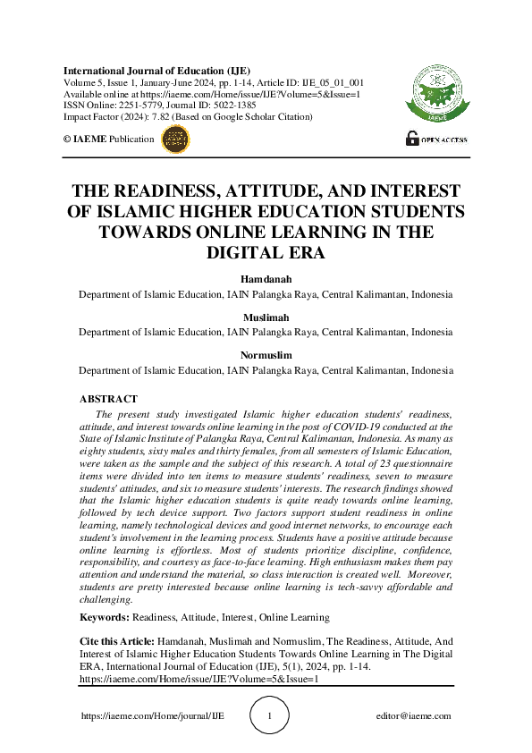 (PDF) THE READINESS, ATTITUDE, AND INTEREST OF ISLAMIC HIGHER EDUCATION ...