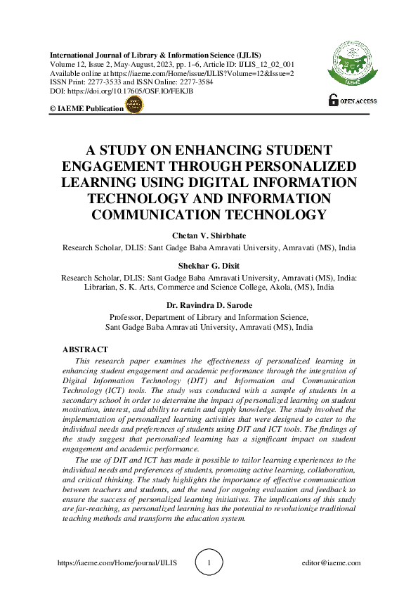 (PDF) A STUDY ON ENHANCING STUDENT ENGAGEMENT THROUGH PERSONALIZED ...