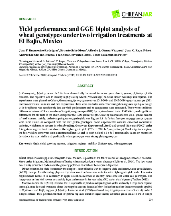 (PDF) Yield performance and GGE biplot analysis of wheat genotypes ...