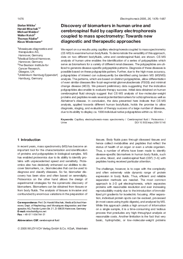 (PDF) Discovery of biomarkers in human urine and cerebrospinal fluid by ...