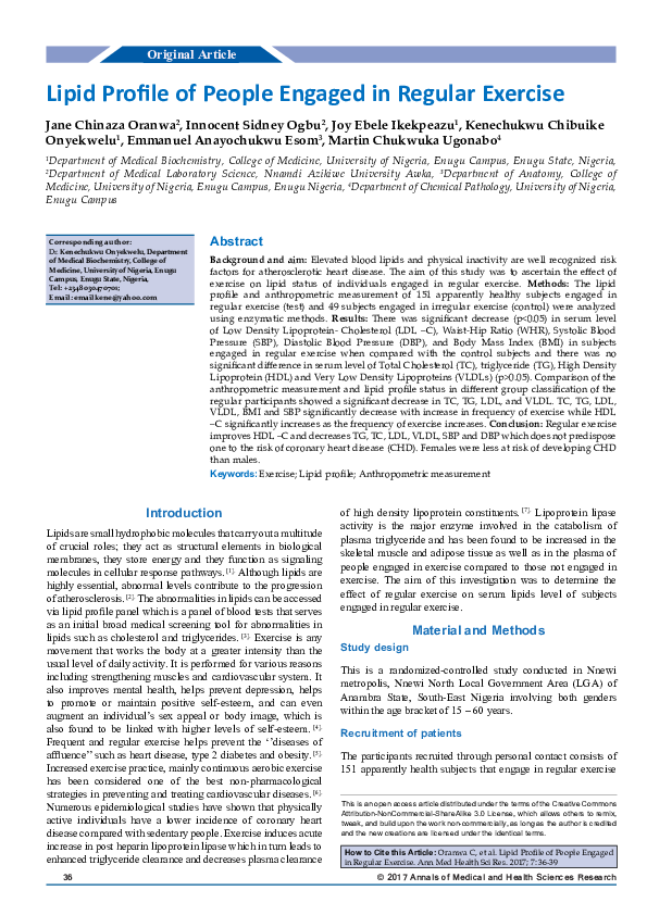 (PDF) Lipid Profile of People Engaged in Regular Exercise