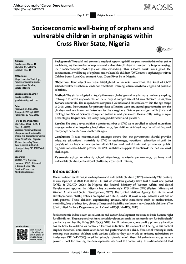 (PDF) Socioeconomic well-being of orphans and vulnerable children in ...
