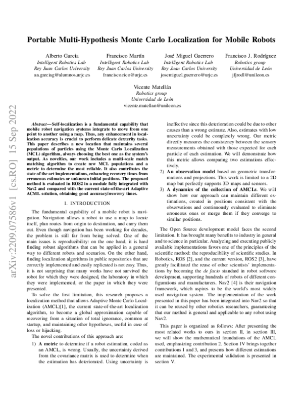 (PDF) Portable Multi-Hypothesis Monte Carlo Localization for Mobile Robots