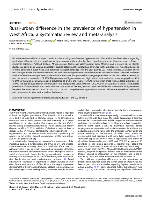 (PDF) Rural-urban difference in the prevalence of hypertension in West ...