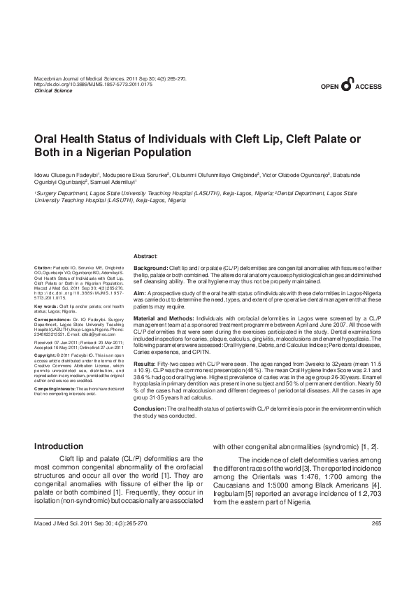 (PDF) Oral Health Status of Individuals with Cleft Lip, Cleft Palate or ...