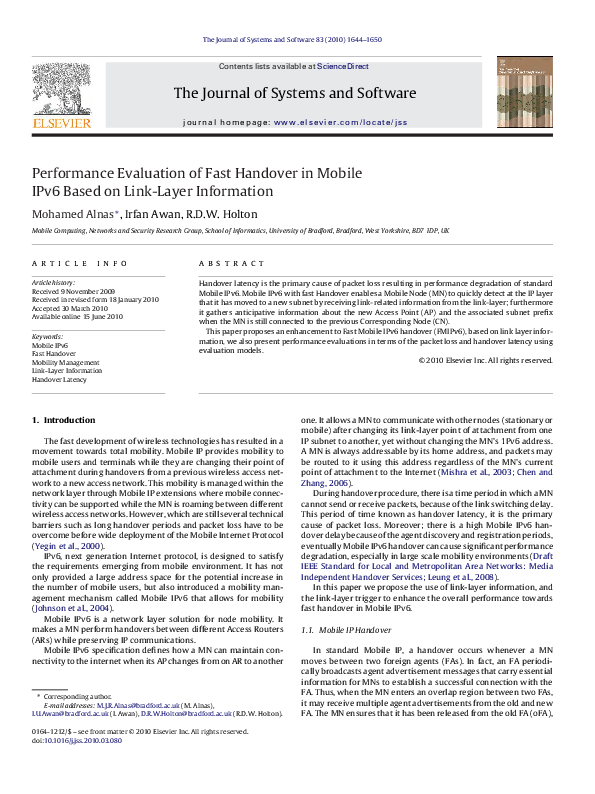 (PDF) Performance Evaluation of Fast Handover in Mobile IPv6 Based on ...