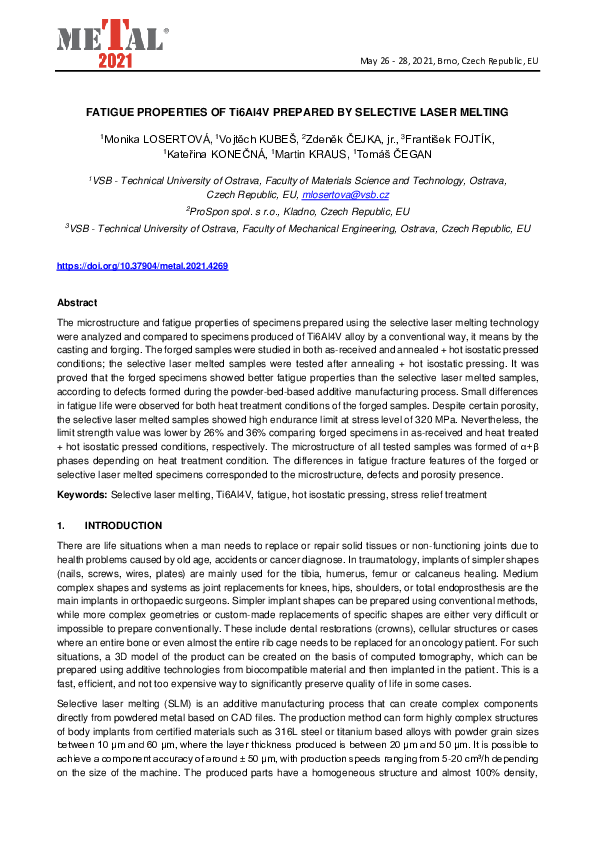 (PDF) Fatigue properties of Ti6Al4V prepared by selective laser melting