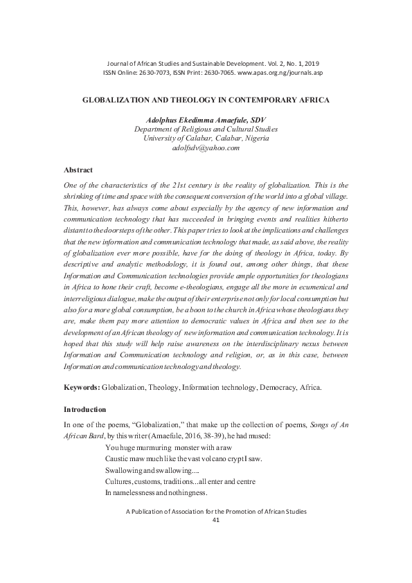 (PDF) Globalization and Theology in Contemporary Africa