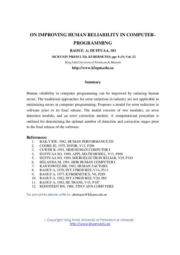 (PDF) On Improving Human Reliability in Computer Programming