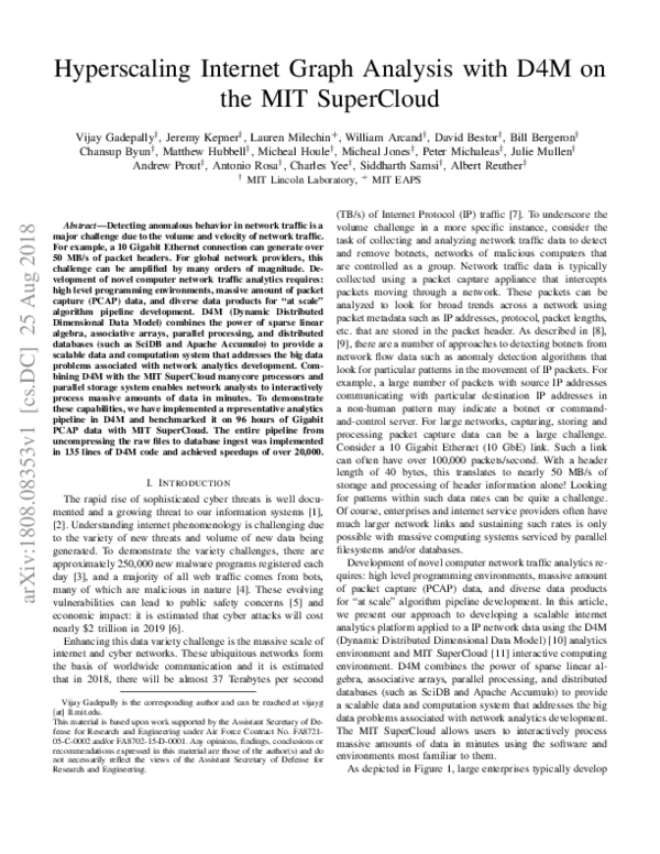 (PDF) Hyperscaling Internet Graph Analysis with D4M on the MIT SuperCloud