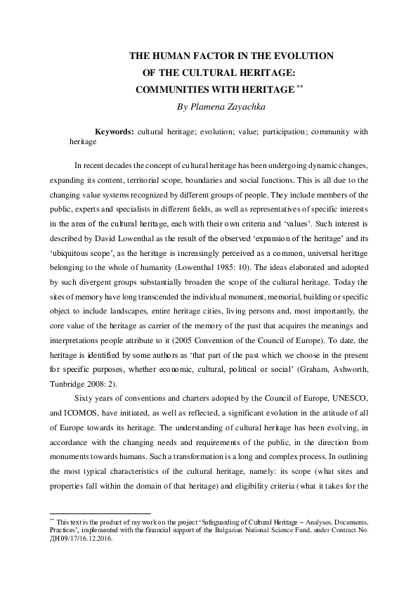 (PDF) The Human Factor in the Evolution of the Cultural Heritage ...