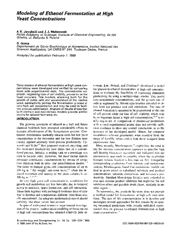 (PDF) Modeling of ethanol fermentation at high yeast concentrations