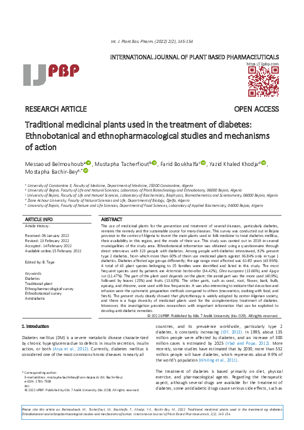 (PDF) Traditional medicinal plants used in the treatment of diabetes ...