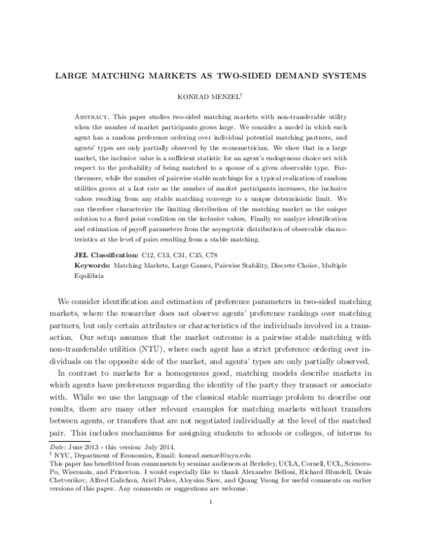 (PDF) Large Matching Markets as Two-Sided Demand Systems