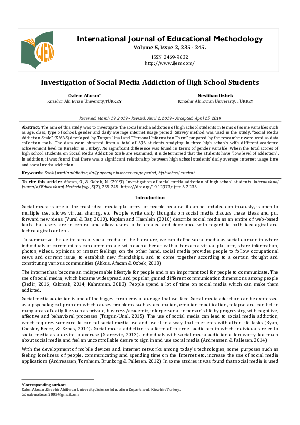 (PDF) Investigation of Social Media Addiction of High School Students