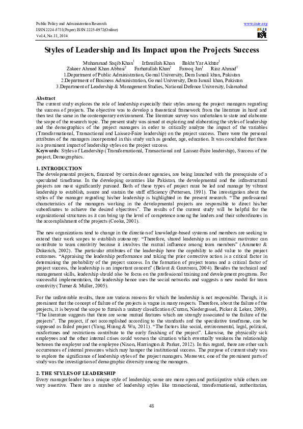 (PDF) Styles of Leadership and Its Impact upon the Projects Success