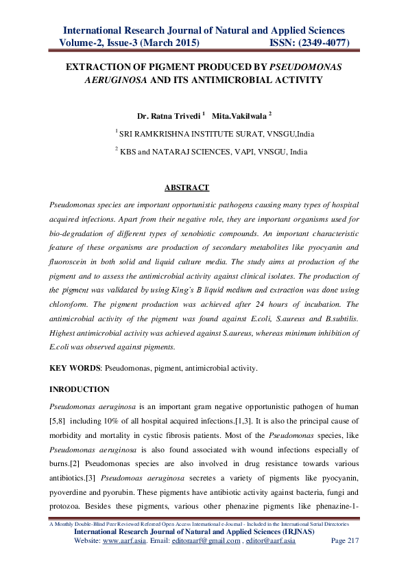 (PDF) Extraction of Pigment Produced by Pseudomonas Aeruginosa and Its ...