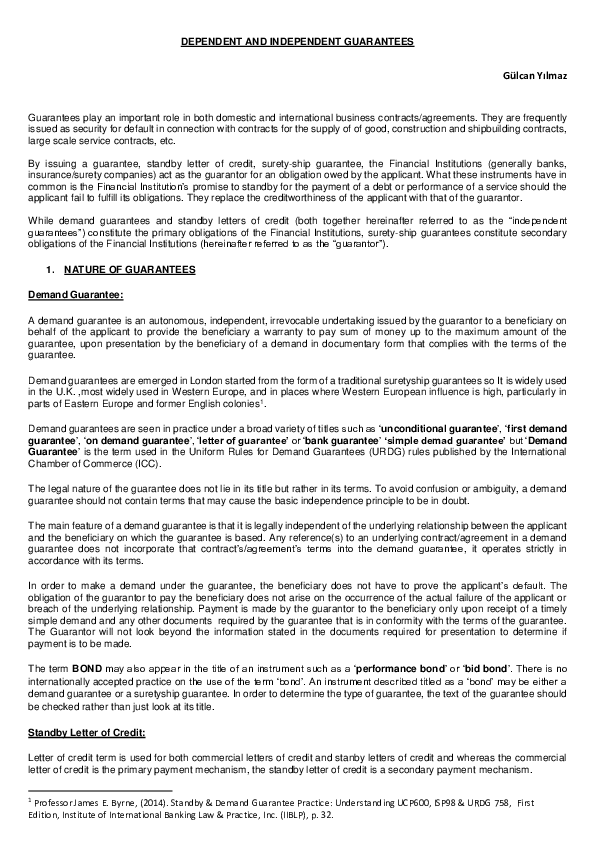 (PDF) DEPENDENT AND INDEPENDENT GUARANTEES