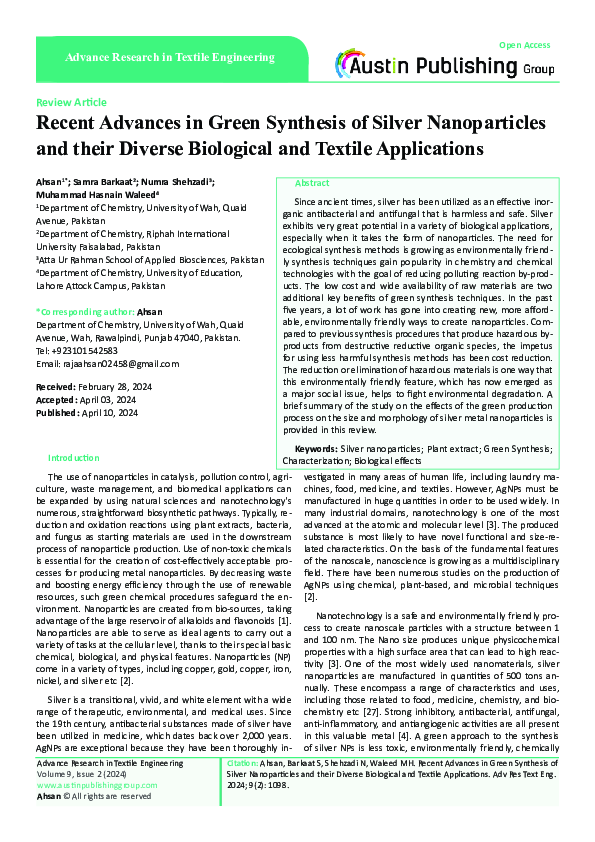 (PDF) Recent Advances in Green Synthesis of Silver Nanoparticles and ...