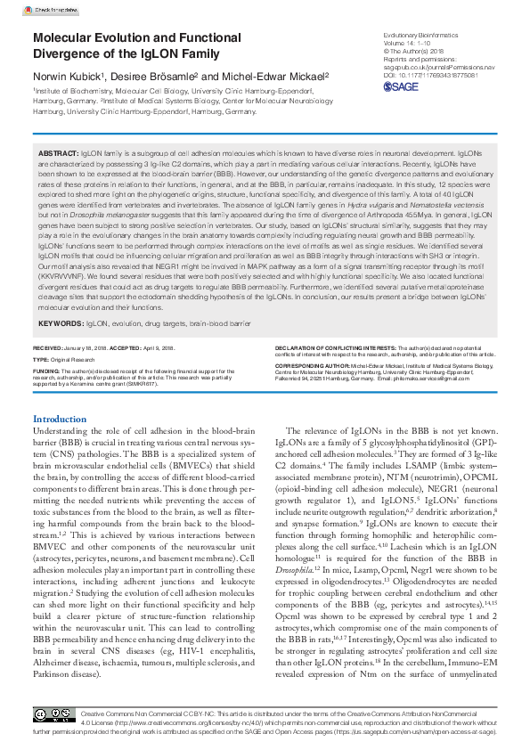 (PDF) Molecular Evolution and Functional Divergence of the IgLON Family