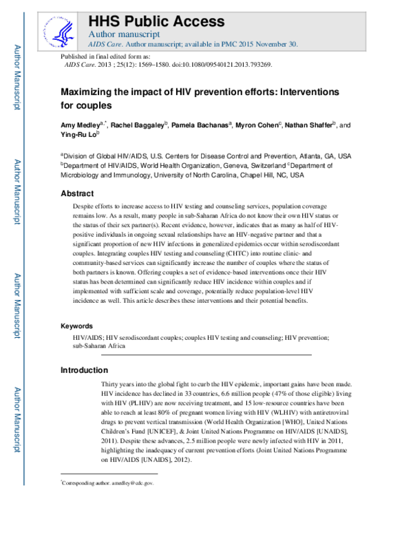 (PDF) Maximizing the impact of HIV prevention efforts: Interventions ...
