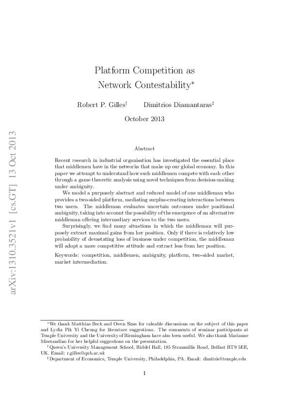 (PDF) Platform Competition as Network Contestability