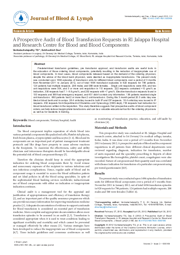 (PDF) A Prospective Audit of Blood Transfusion Requests in Rl Jalappa ...