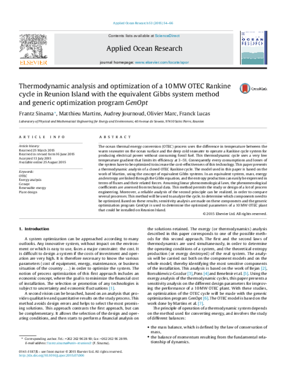 (PDF) Thermodynamic analysis and optimization of a 10MW OTEC Rankine ...