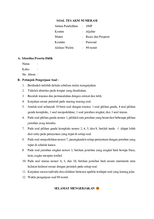 (PDF) SOAL TES AKM NUMERASI Satuan Pendidikan : SMP Konten : Aljabar ...