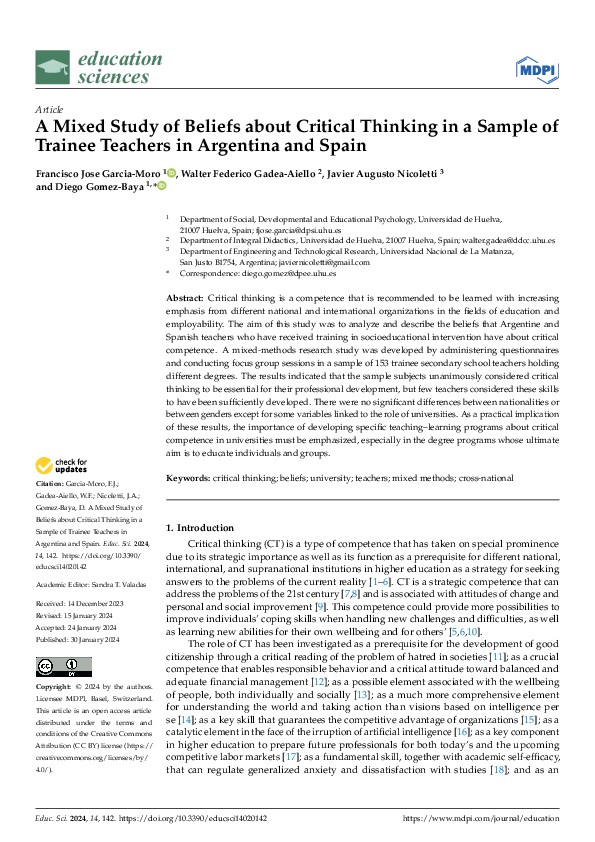 (PDF) A Mixed Study of Beliefs about Critical Thinking in a Sample of ...