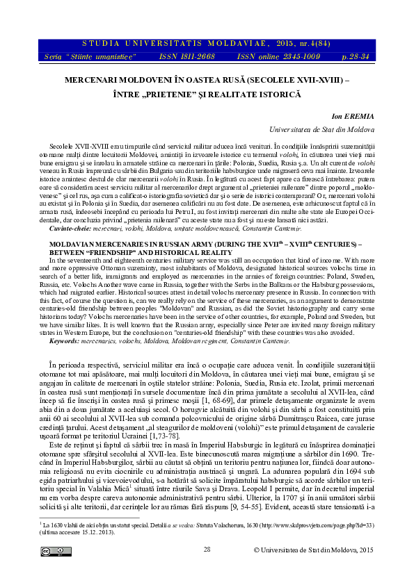 Mercenari Moldoveni În Oastea Rusă (Secolele XVII-XVIII) – Între "Prietenie" Şi Realitate Istorică
