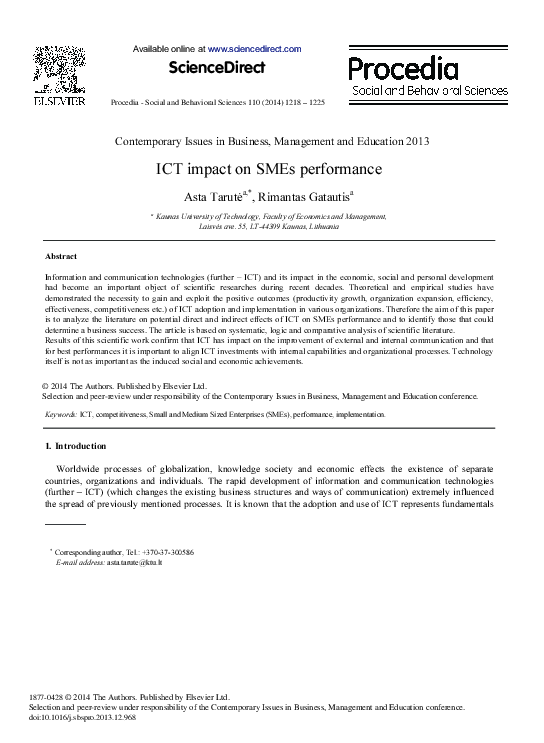 (PDF) ICT Impact on SMEs Performance