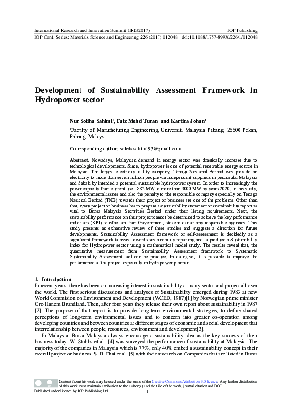(PDF) Development of Sustainability Assessment Framework in Hydropower ...
