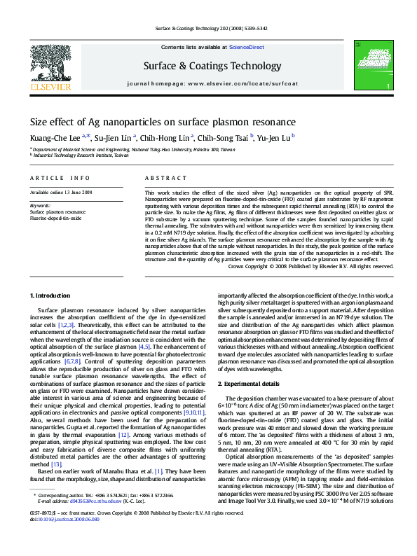 (PDF) Size effect of Ag nanoparticles on surface plasmon resonance